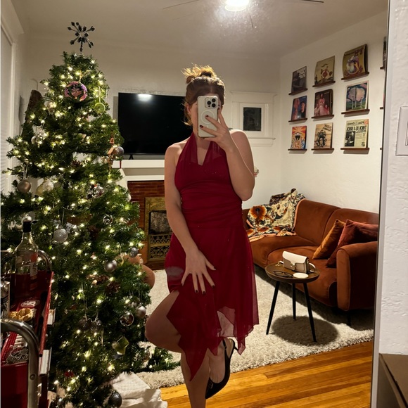 Y2K Holiday Red Asymmetrical Scarf Halter Dress Red Sparkles read caption - Picture 4 of 10